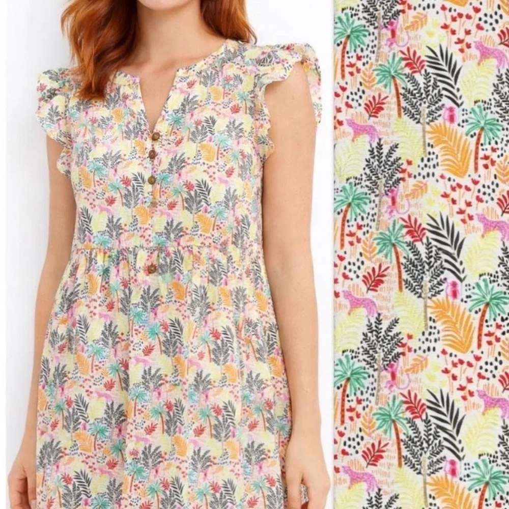 LOFT Tropical Novelty Animal/Jungle Ruffle Button Mini Shift Dress Large